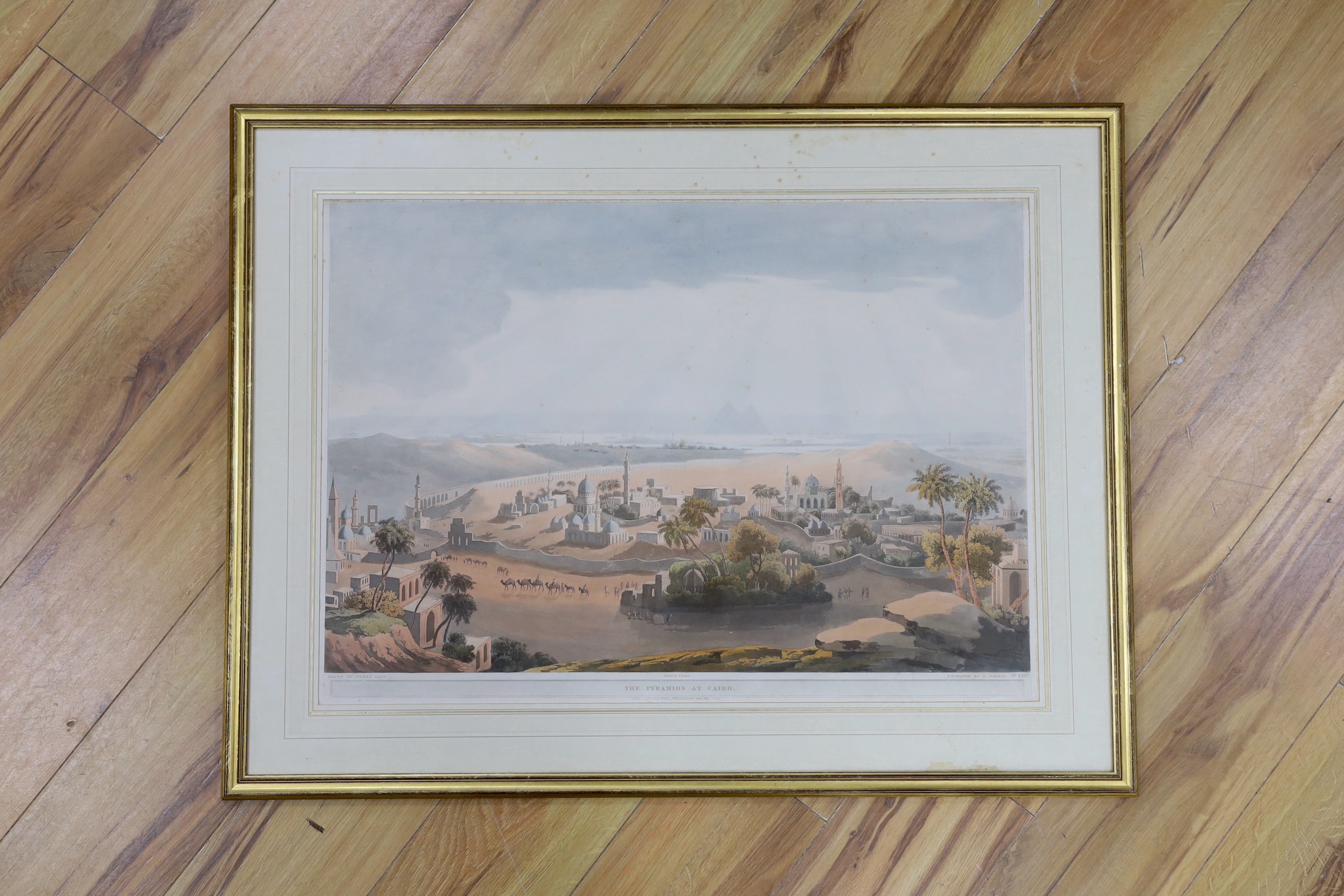 Havell after Henry Salt, coloured aquatint, The Pyramids at Cairo, number XXIV, visible sheet 51 x 71.5cm